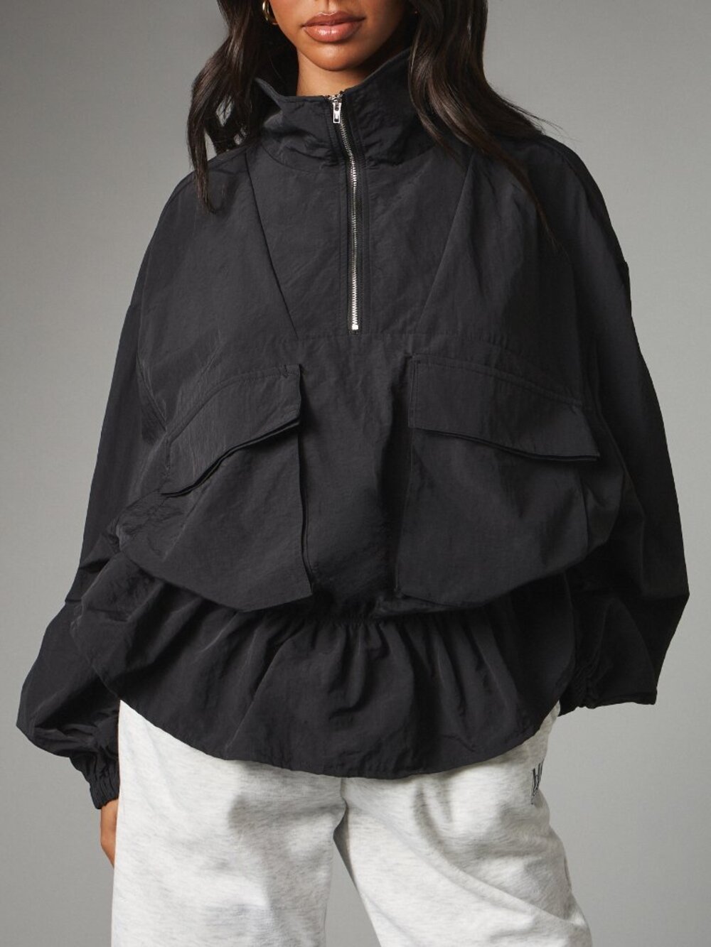 Black Casual Women's Oversized Half-Zip High Neck Pullover Jacket - Picture 4 of 5